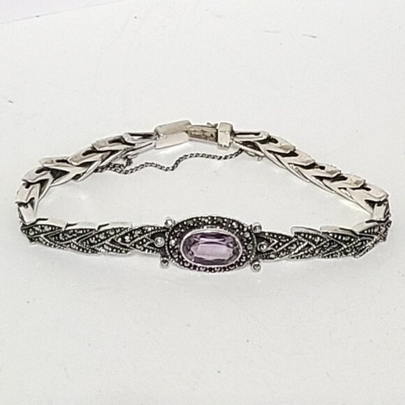 Vintage Art Deco Sterling Silver Purple Amethyst Marcasite Crystal Bracelet - Picture 7 of 15
